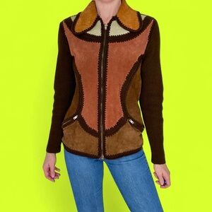 Vintage 70’s Rochelle California Brown Patchwork Leather Hippie Sweater Cardigan